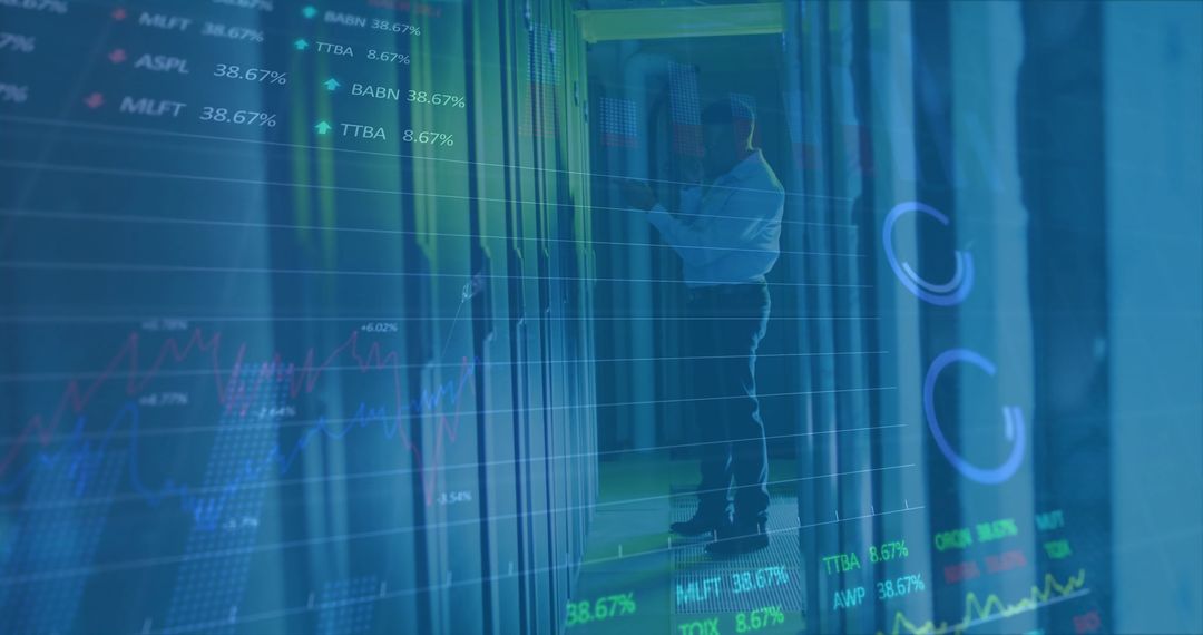 Engineer Monitoring Data Servers with Digital Infographic Overlay