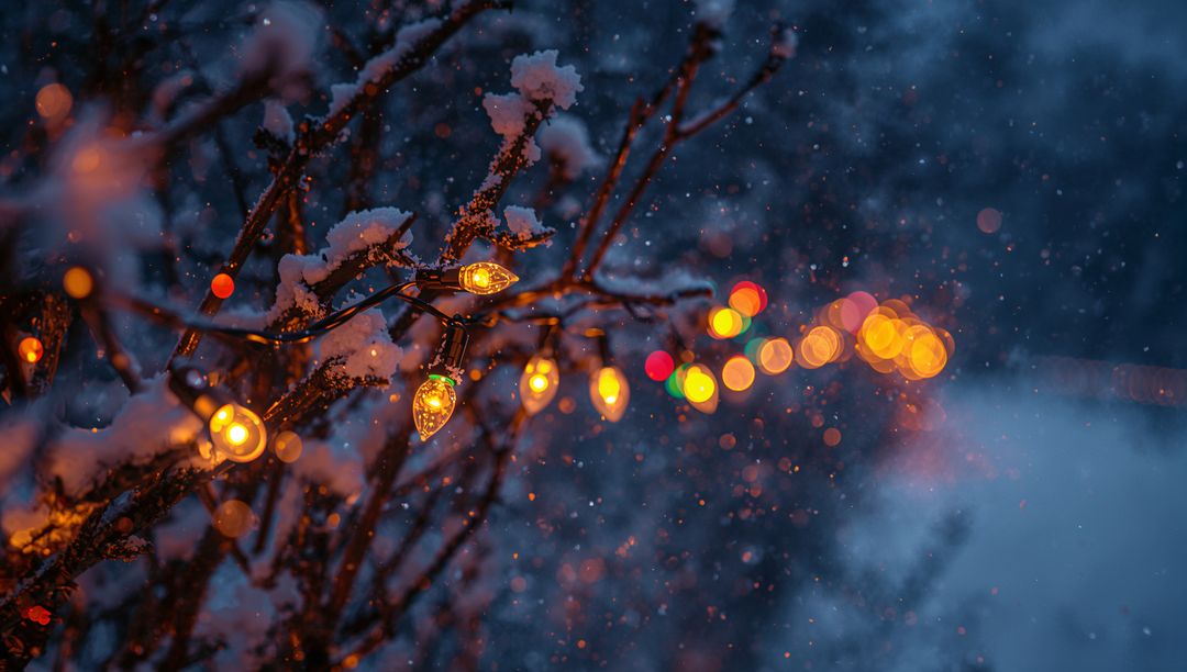Warm Holiday Lights Glowing on Snow-Covered Branches at Dusk with Bokeh