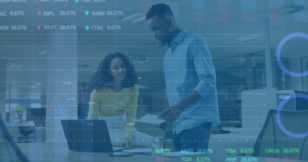 Diverse Team Collaborating on Stock Market Data in Modern Office