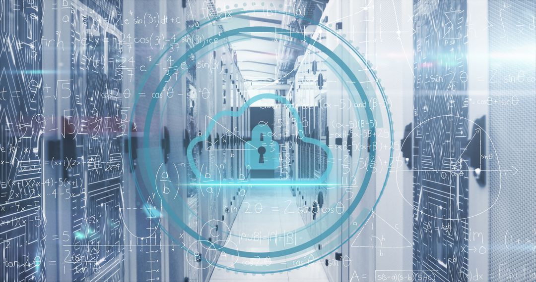 Cloud Security Icon Overlaying Data Center with Server Racks