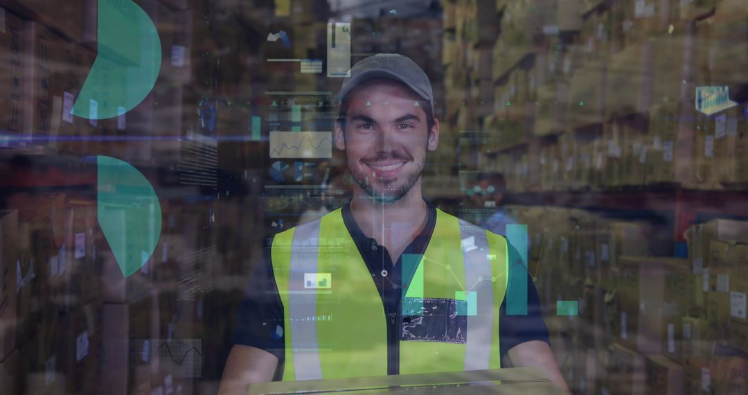 Warehouse Worker Analyzing Financial Data Hologram