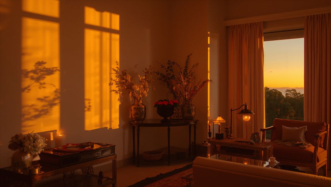 Golden sunset casting window shadows on console table with floral bowl and dried branches