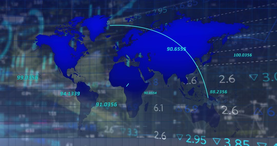 Digital World Map and Financial Data Overlay Technology Background