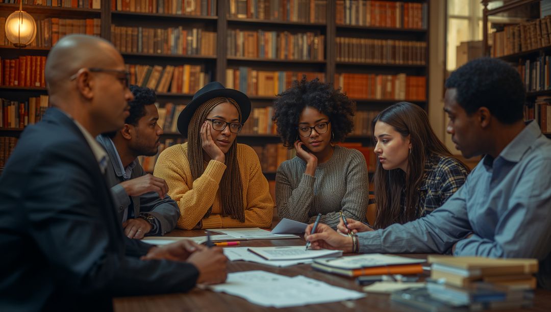 Diverse Library Study Group Collaborating Around Table