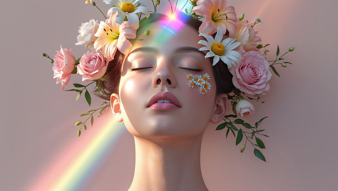Ethereal Woman with Floral Crown and Prism Light Artistic Portrait