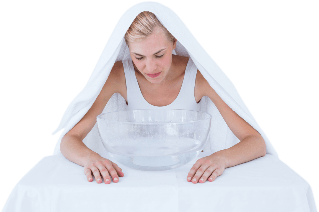 Transparent Effect Woman Steaming Face with Towel Over Head
