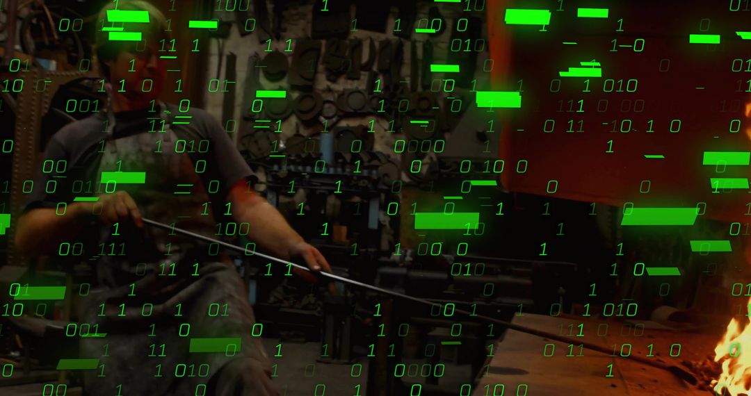 Blacksmith Crafting Amidst Digital Data Stream Fusion