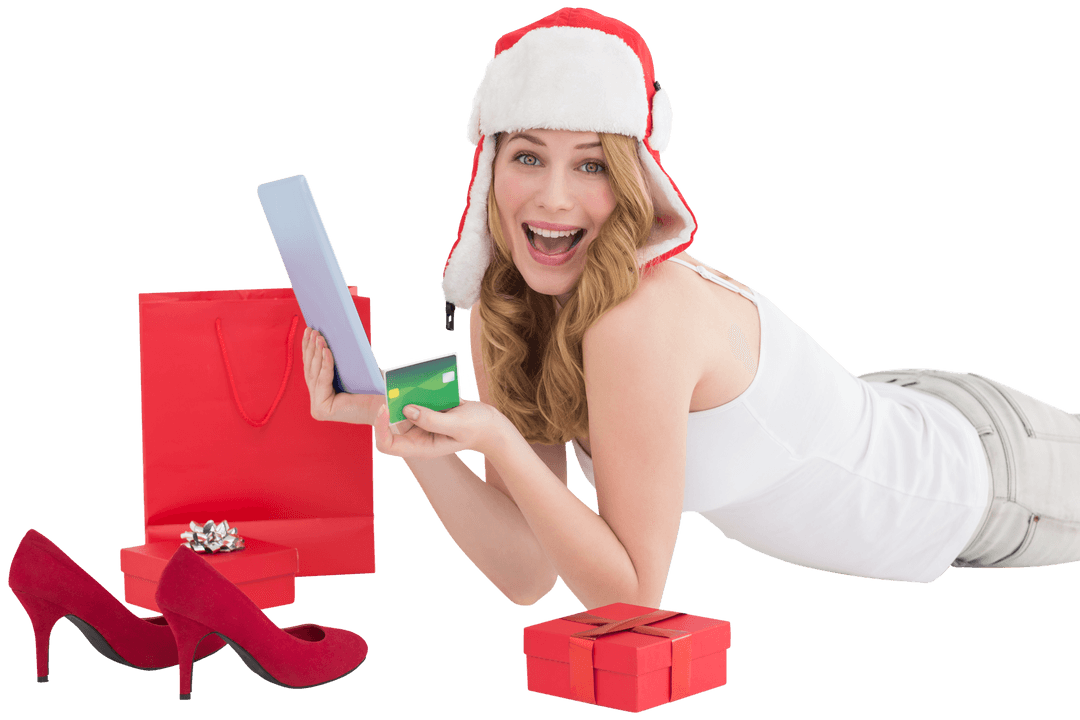 Excited Holiday Shopper with Gifts on Transparent Background