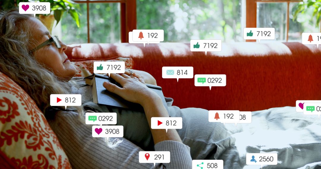Senior Woman Relaxing with Social Media Icons Floating Overhead