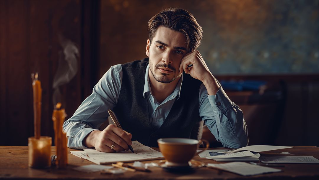 Contemplative Writer in Vintage Home Workspace with Warm Lighting