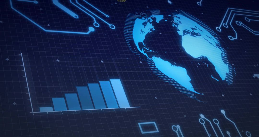 Futuristic digital globe rotating with rising bar chart and neon HUD data visualization