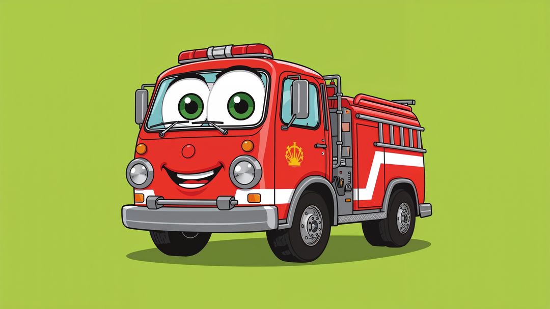 Smiling Cartoon Red Fire Truck with Ladder and Light Bar