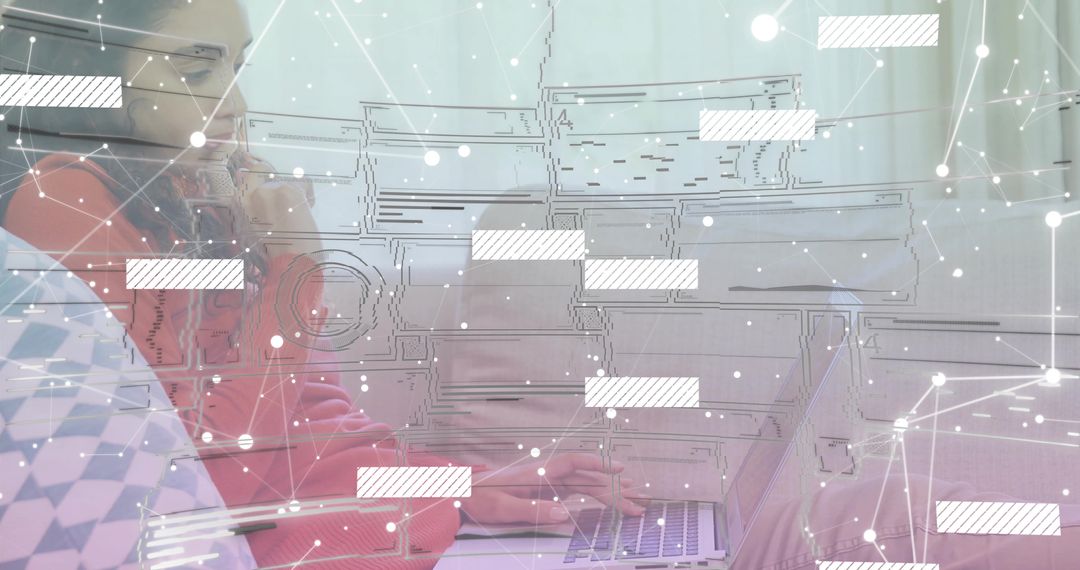 Tech-Savvy Woman Using Laptop with Digital Network Overlay