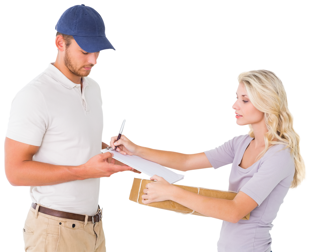 Transparent image of smiling delivery man giving package to customer signing at clipboard - Download Free Stock Images Pikwizard.com