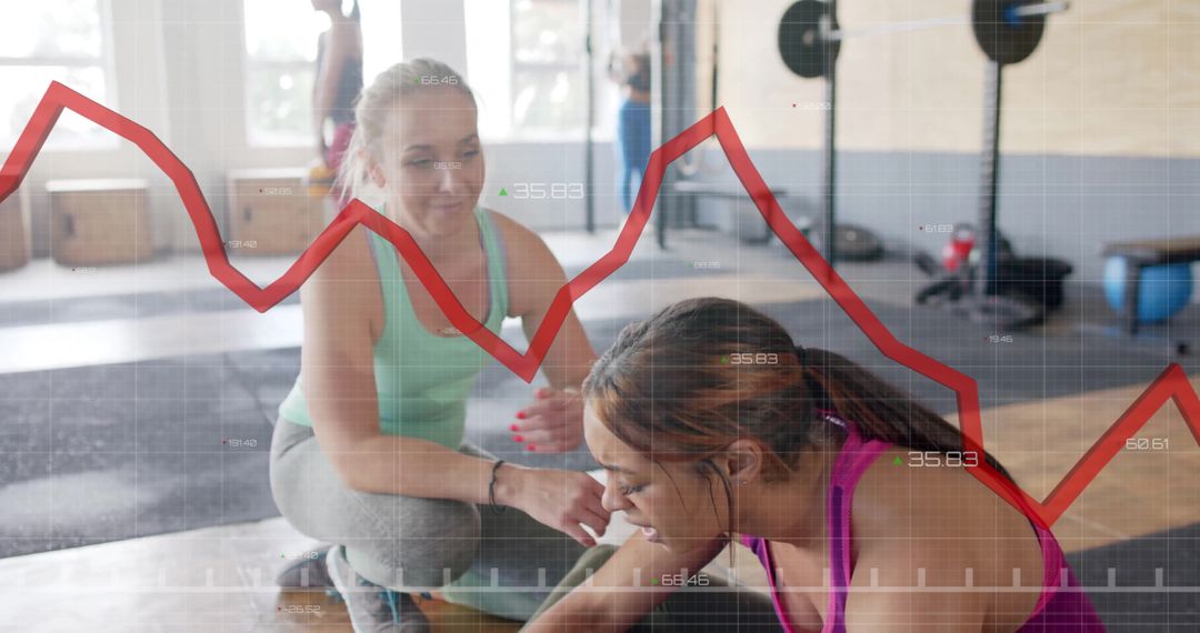 Women Exercising in Gym with Overlay of Financial Graph
