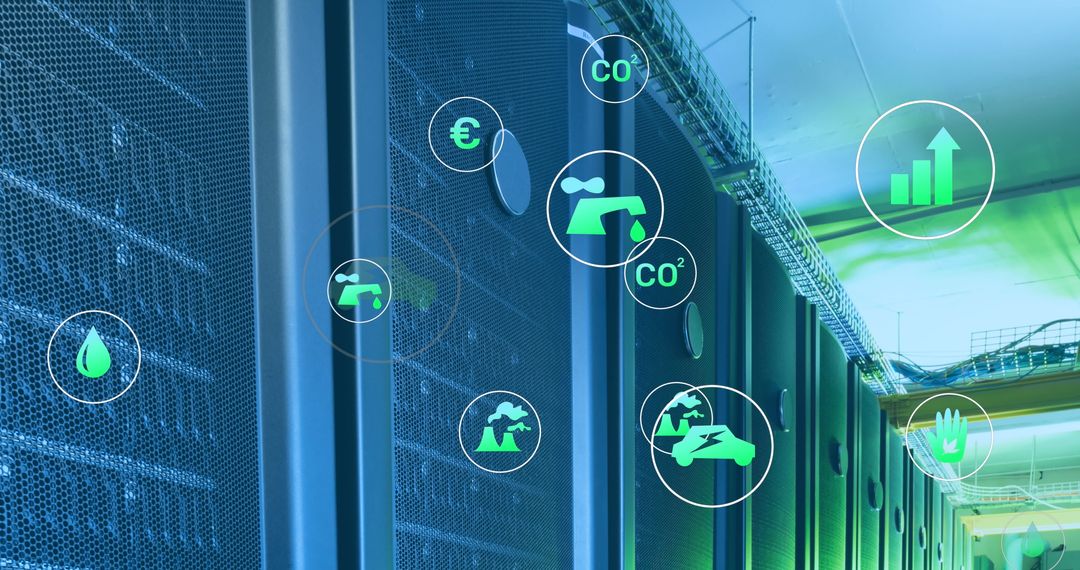 Eco-Tech Concept Art with Servers and Environmental Data Icons