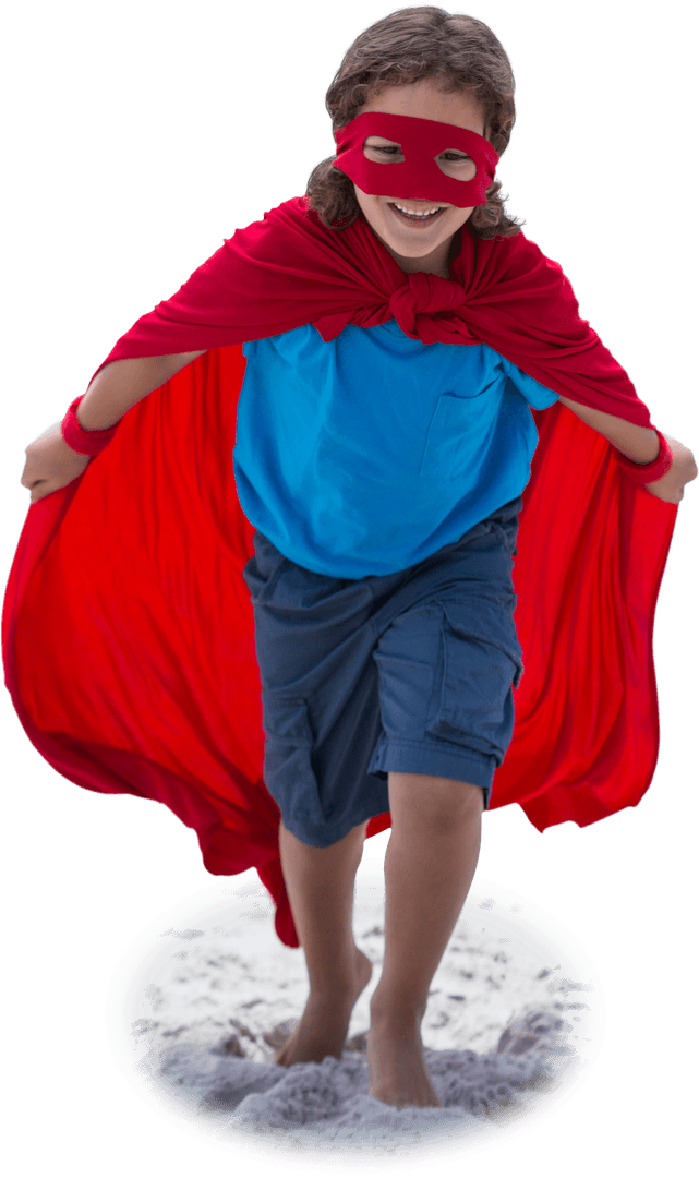 Happy Boy Running in Superhero Cape and Mask on Transparent Background