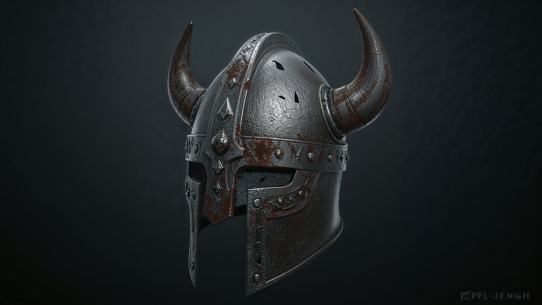 Antique Horned Medieval Metal Helmet Isolated on Dark Background