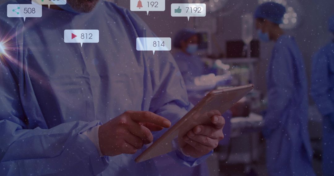 Surgeon Using Tablet in Operating Room with Digital Notifications Overlay