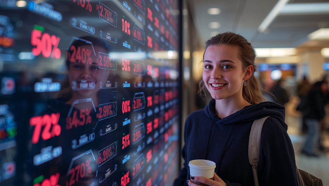 Smiling traveler holding coffee by red percent ticker reflecting in airport concourse