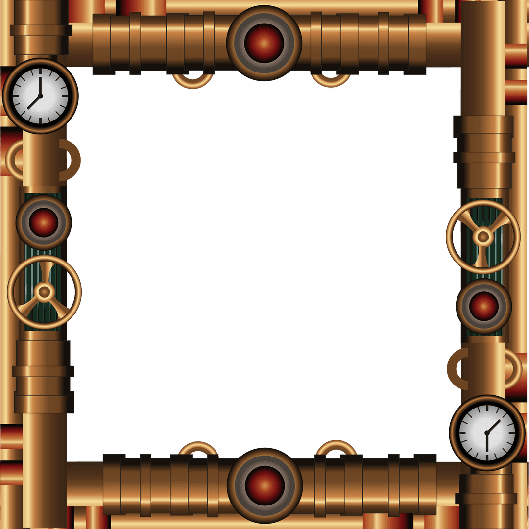 Steampunk Brass Pipe Frame with Gauges and Valves on Transparent