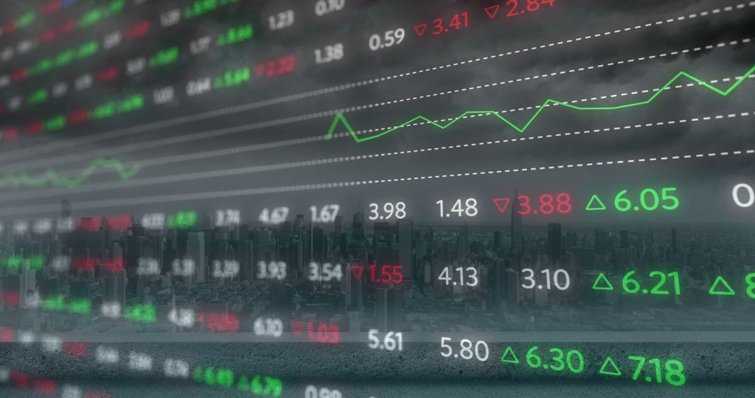 Stock Market Data Overlaying Urban Cityscape Symbolizing Global Business