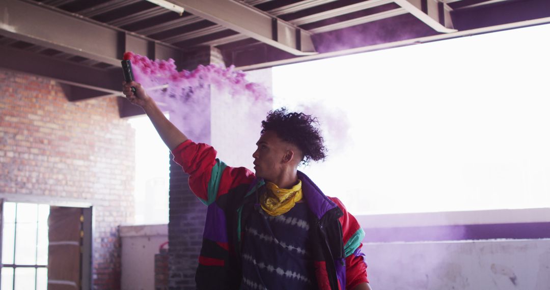 Expressive Youth with Purple Smoke in Urban Setting