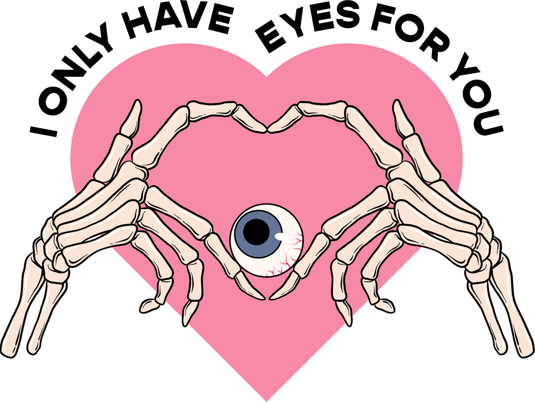 Transparent Skeleton Hands Forming Heart Around Eyeball on Pink Heart