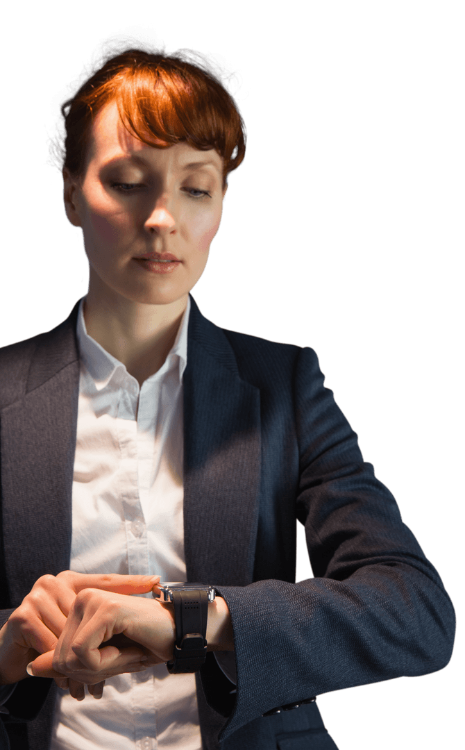 Focused Businesswoman Checking Wristwatch on Transparent Background
