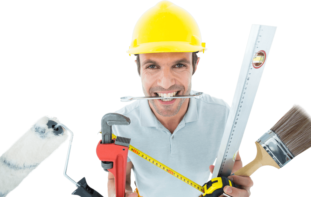 Smiling Construction Worker Holding Tools Isolated Transparent Background