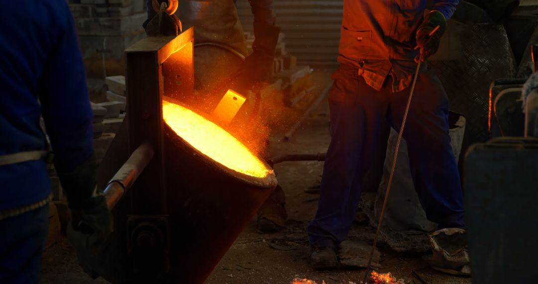 Industrial Workers Handling Molten Metal in Foundry with Heavy Gear - Free Images, Stock Photos and Pictures on Pikwizard.com