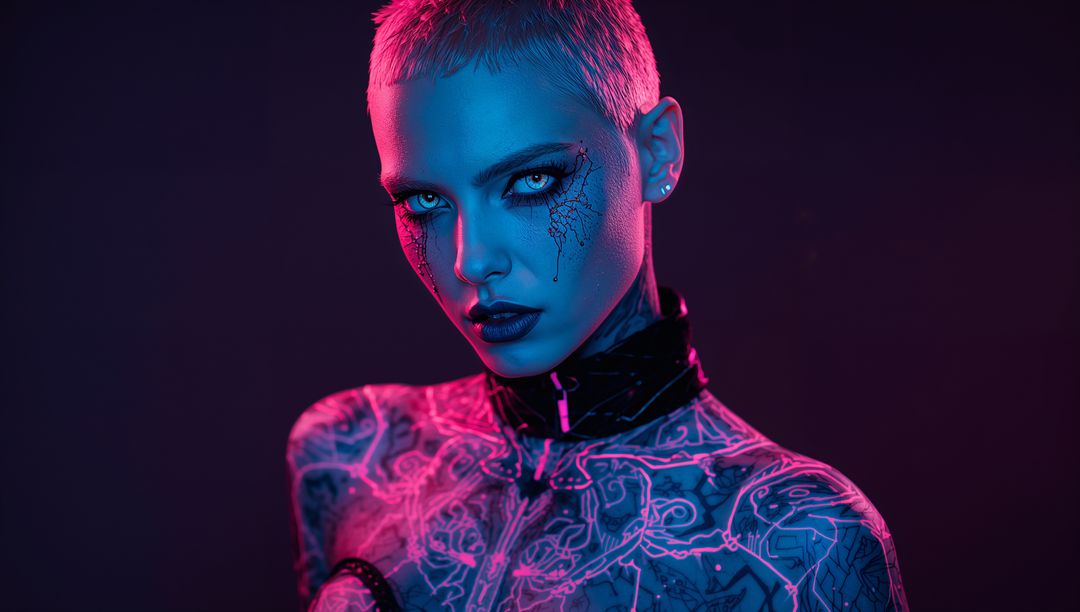 Edgy Cyberpunk Model with Neon Tattoos in Futuristic Lighting