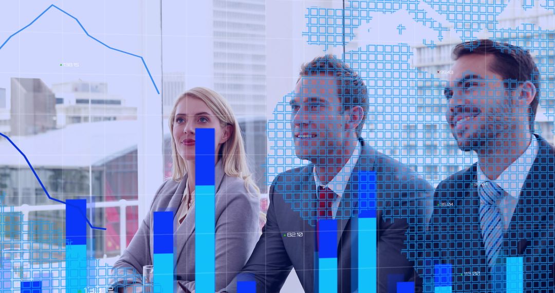 Business Team Analyzing Digital Data with Futuristic Graphs