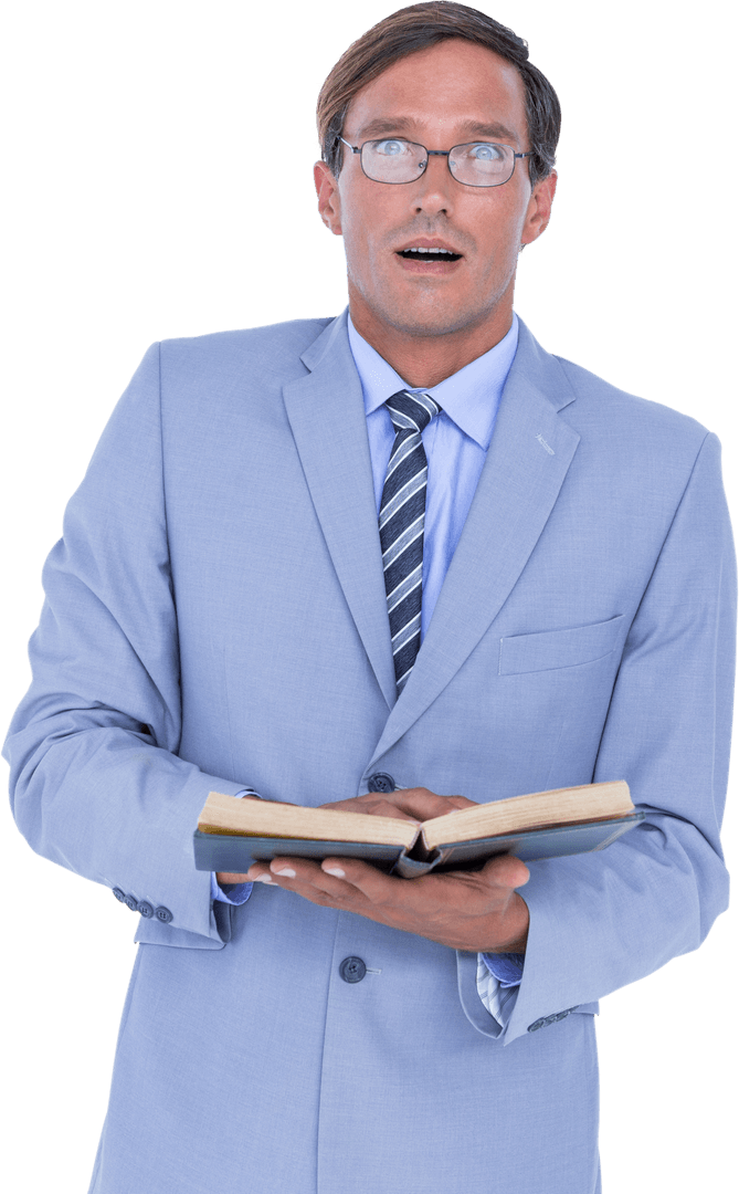 Transparent Suprised Businessman Holding Open Book Presentation
