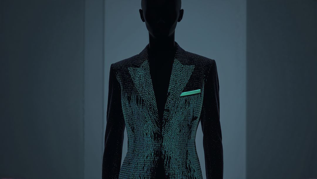 Shimmering Iridescent Tailored Jacket Silhouette with Teal Pocket Square