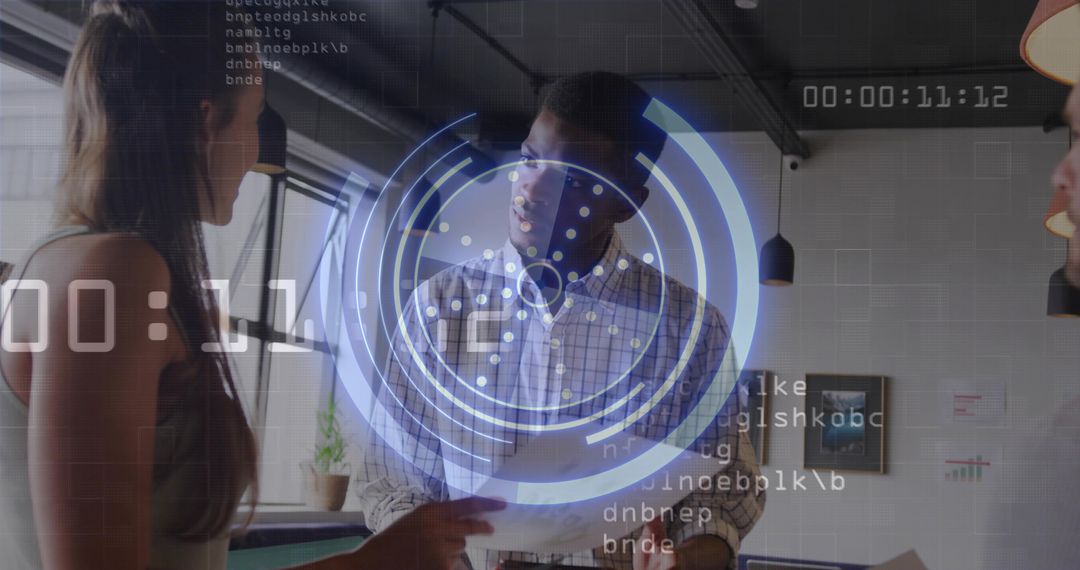 Team Leader Presenting Data with Futuristic HUD Overlay in Modern Coworking Lounge
