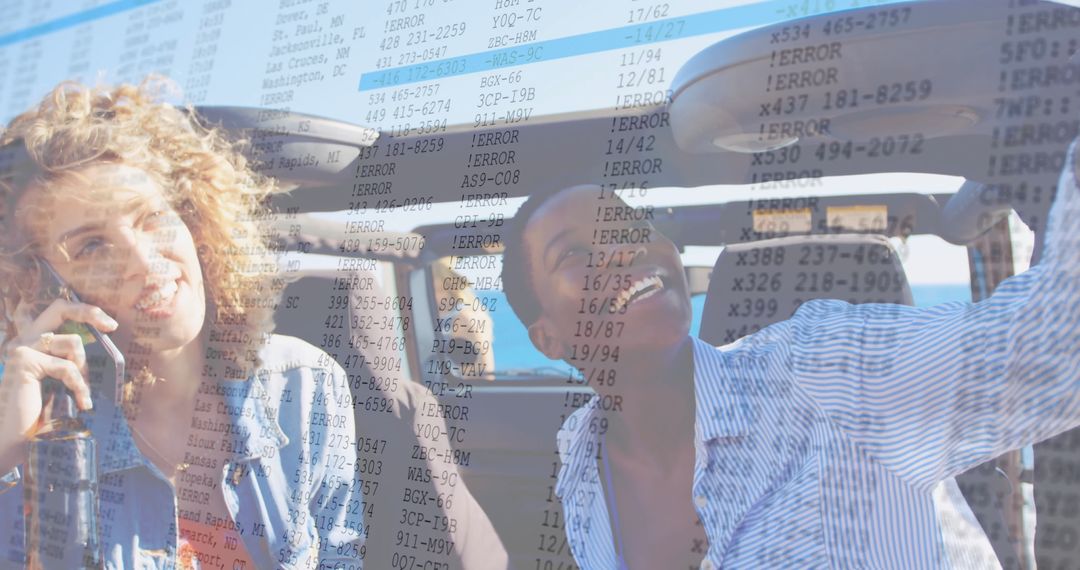 Friends Enjoying Convertible Ride with Error Code Overlay