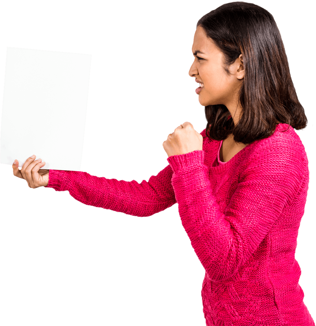 Transparent Image of Angry Woman Holding Document in Pink Sweater