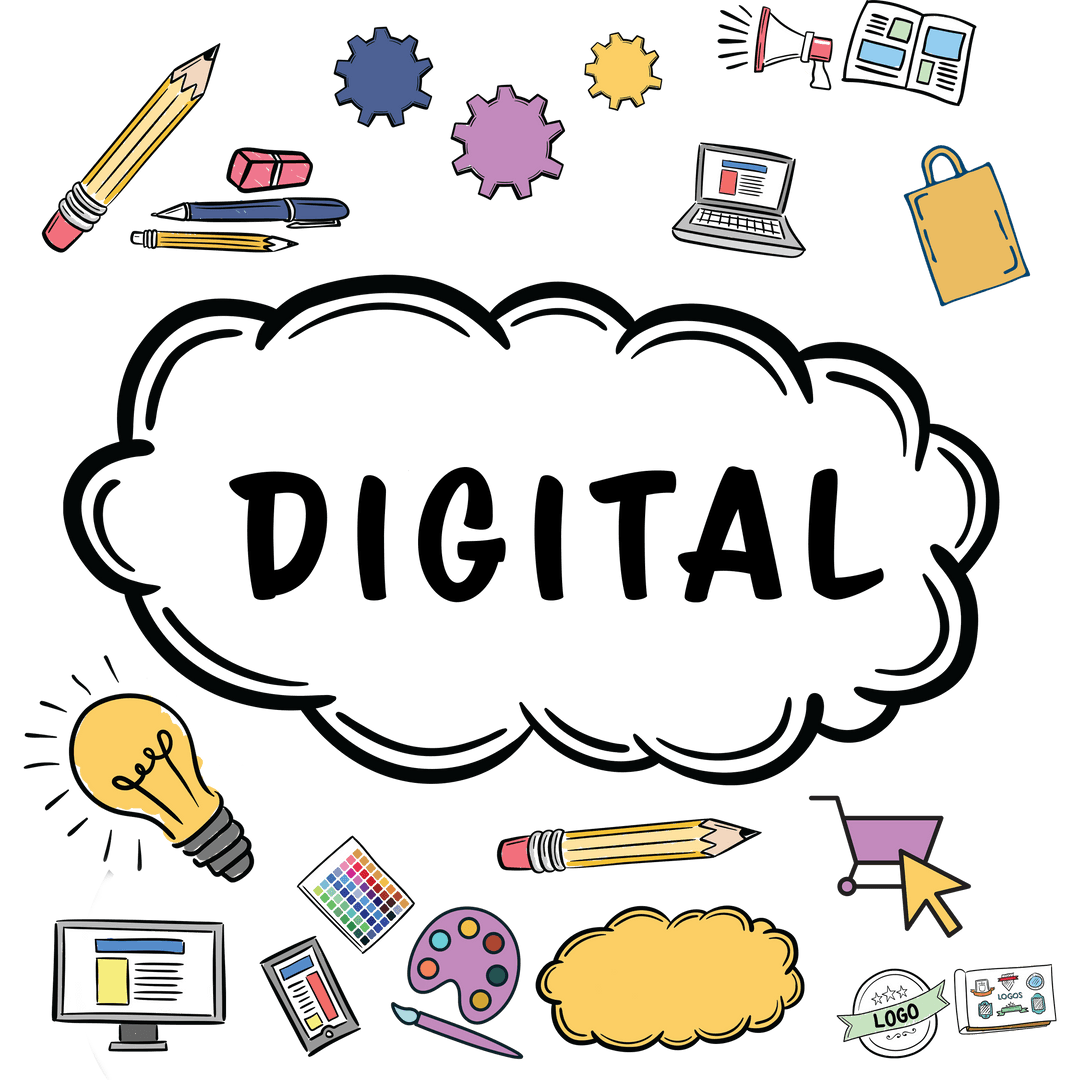 Media Icons and Digital Elements on Transparent Background