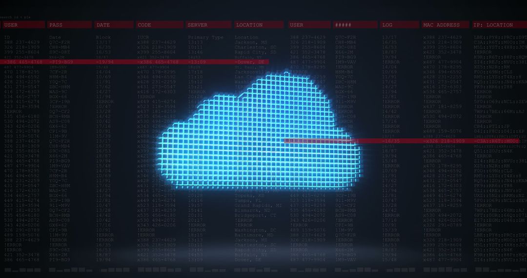 Digital Cloud and Data Processing on Black Grid Background