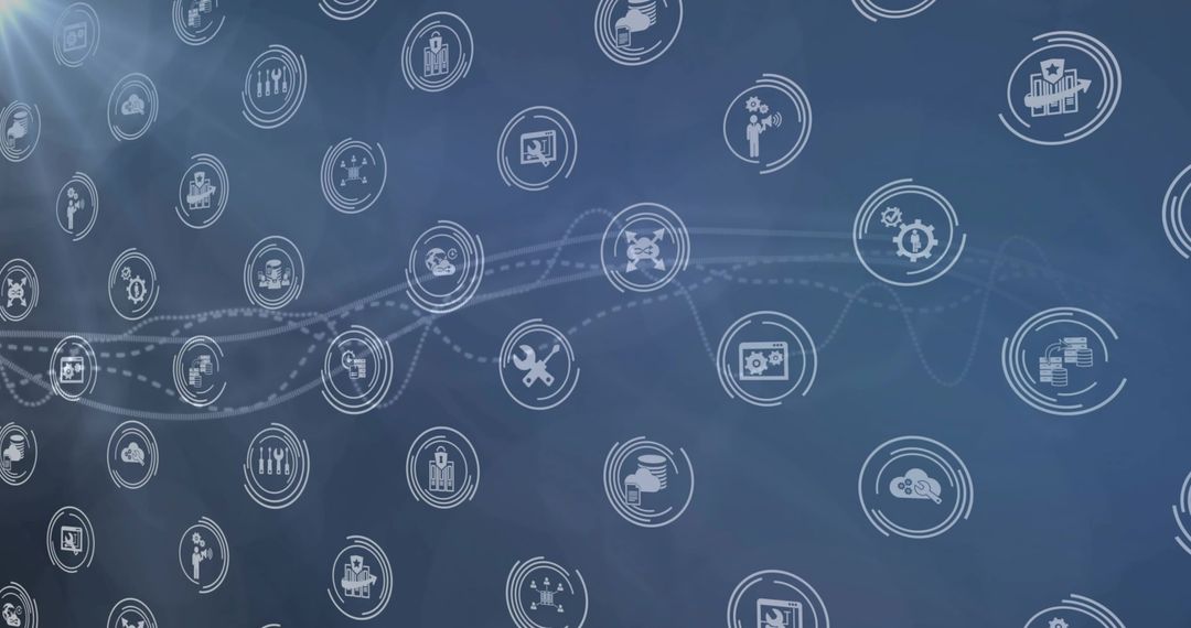 Abstract technology network connecting white icons on soft blue gradient with data lines