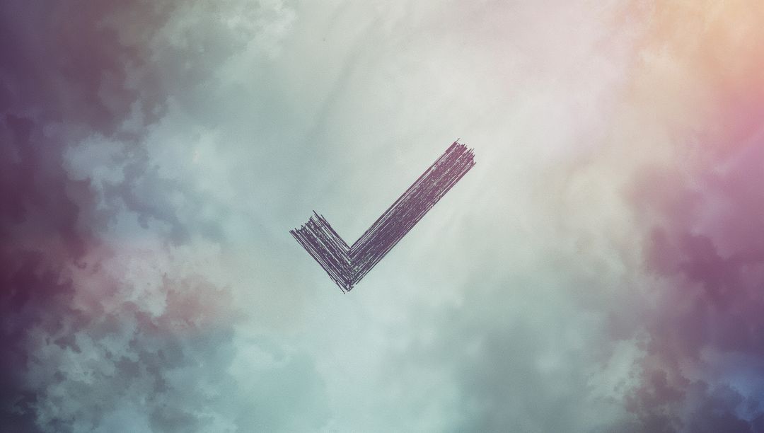 Floating illustrated check mark on abstract pastel sky backdrop