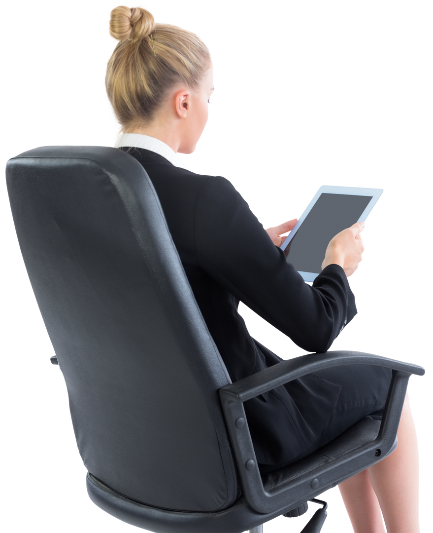 Transparent Background Blonde Businesswoman With Tablet Sitting On Swivel Chair - Download Free Stock Images Pikwizard.com