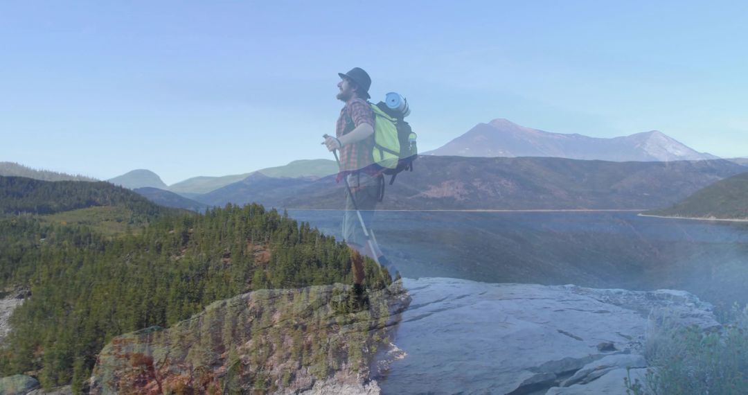 Hiker Enjoying Scenic Mountain Lake View, Embracing Adventure
