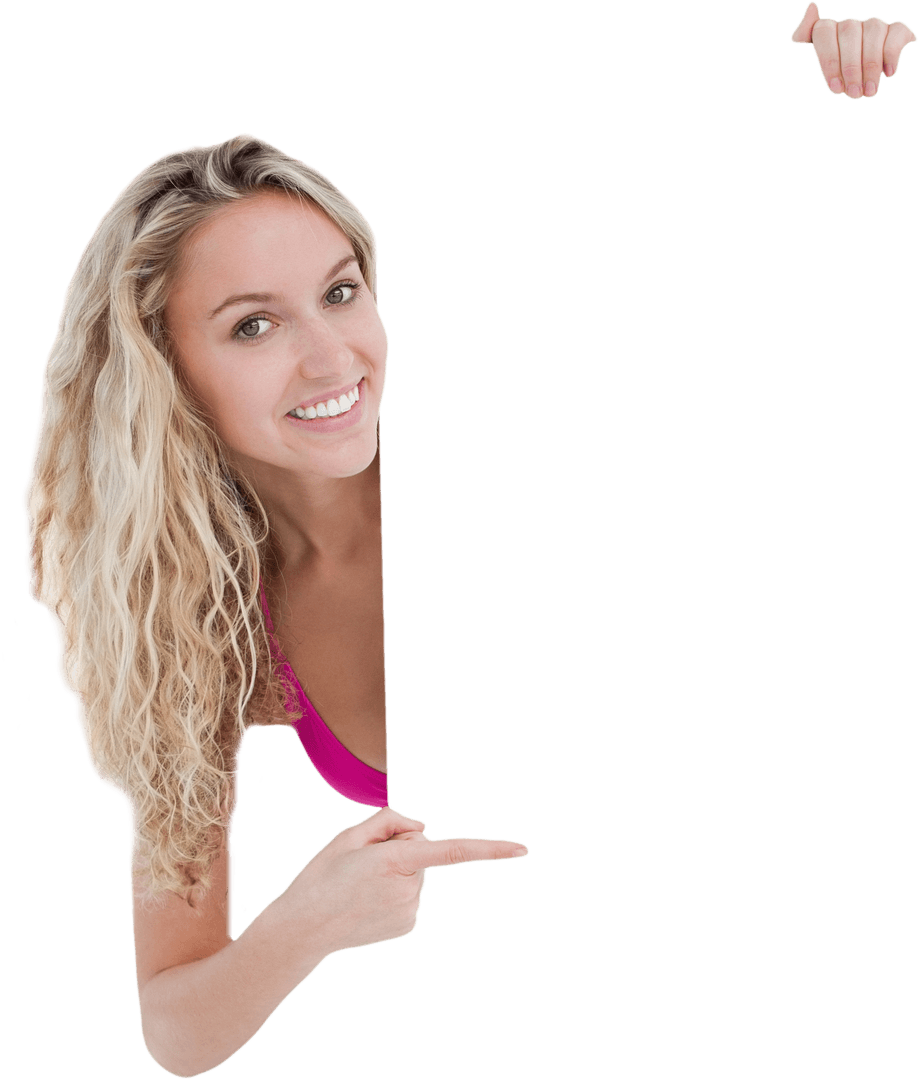 Smiling Woman in Bikini Pointing to Transparent Blank Sign