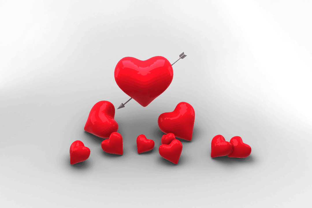 Vibrant Red 3D Hearts with Arrow on Transparent Background