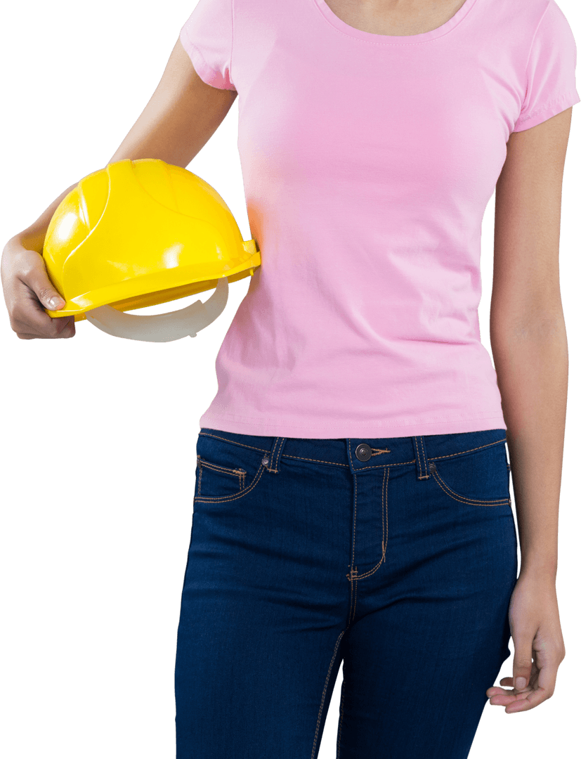 Midsection Woman Holding Yellow Hard Hat on Transparent Background