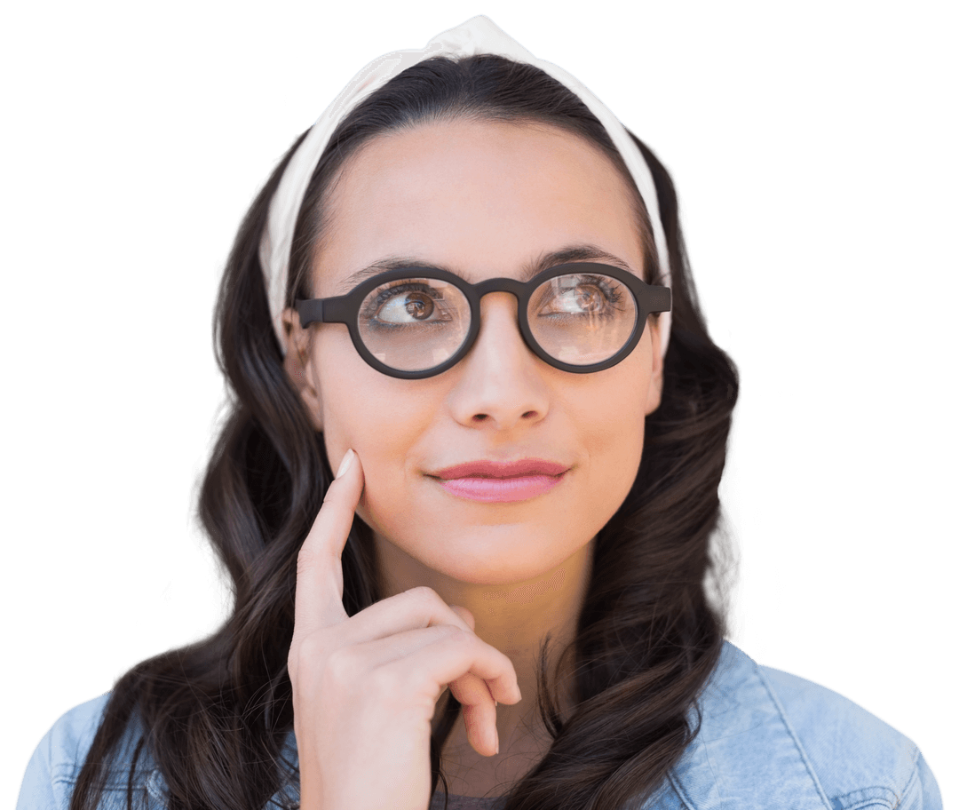 Thinking Woman with Glasses on Transparent Background