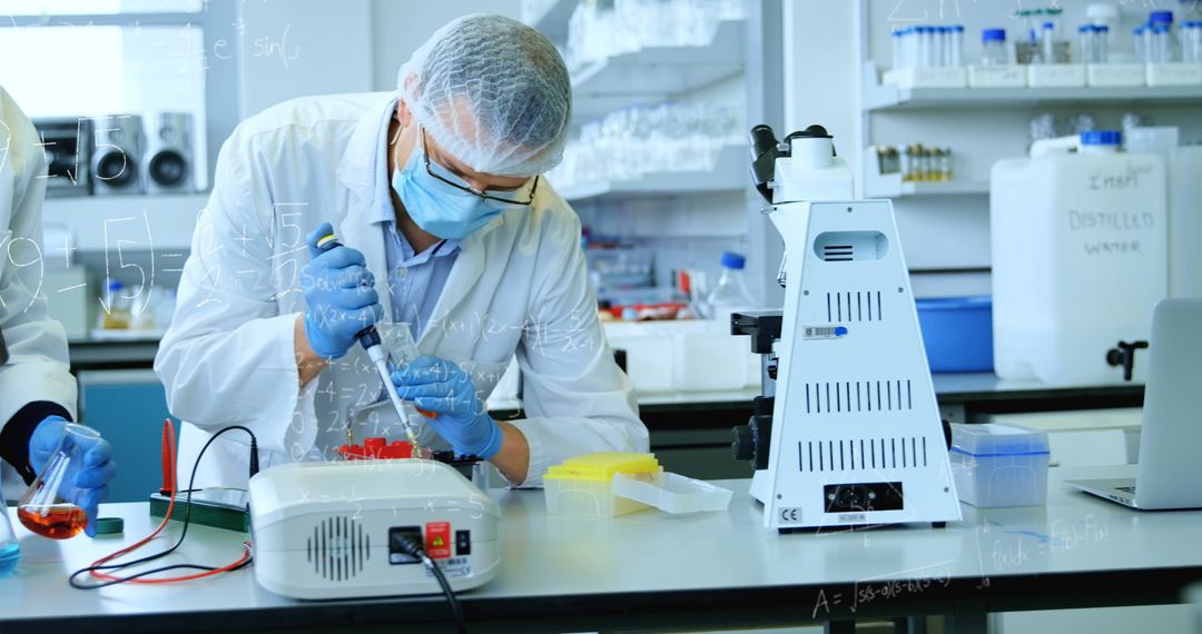 Group of Scientists Working in Laboratory with Mathematical Graphs Overlay