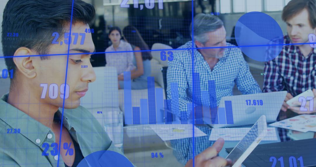 Global Financial Data Overlay with Business Team Collaborating